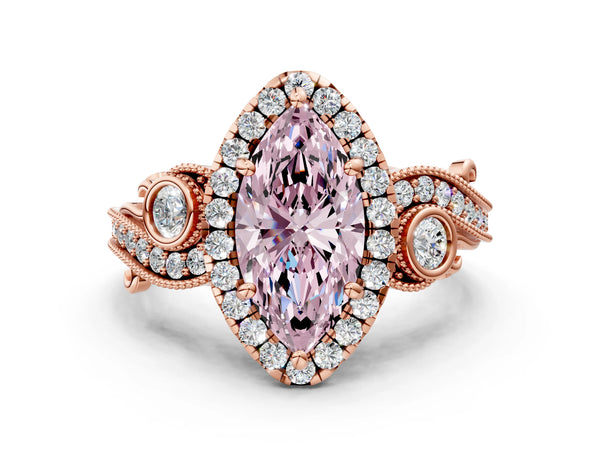 Rose gold Fancy Pink Marquise Cut Halo Diamond Ring with Milgrain and Bezel Accents on a Split Shank Band