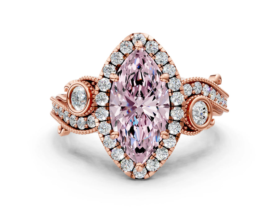 Rose gold Fancy Pink Marquise Cut Halo Diamond Ring with Milgrain and Bezel Accents on a Split Shank Band