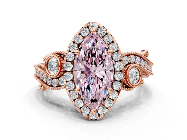 Rose gold Fancy Pink Marquise Cut Halo Diamond Ring with Milgrain and Bezel Accents on a Split Shank Band