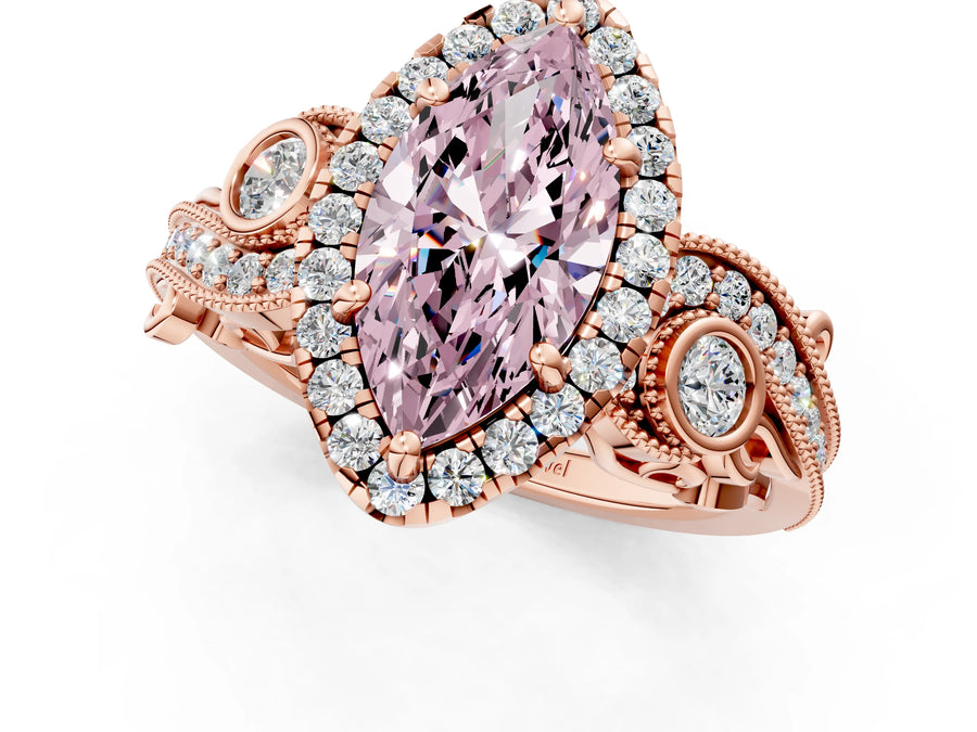 Rose gold Fancy Pink Marquise Cut Halo Diamond Ring with Milgrain and Bezel Accents on a Split Shank Band