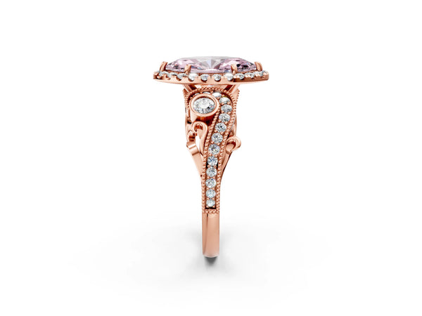 Rose gold Fancy Pink Marquise Cut Halo Diamond Ring with Milgrain and Bezel Accents on a Split Shank Band