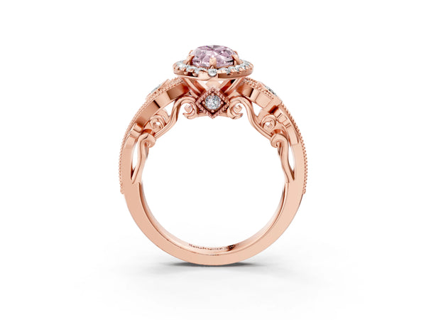 Rose gold Fancy Pink Marquise Cut Halo Diamond Ring with Milgrain and Bezel Accents on a Split Shank Band