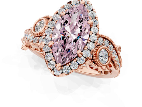 Rose gold Fancy Pink Marquise Cut Halo Diamond Ring with Milgrain and Bezel Accents on a Split Shank Band_1