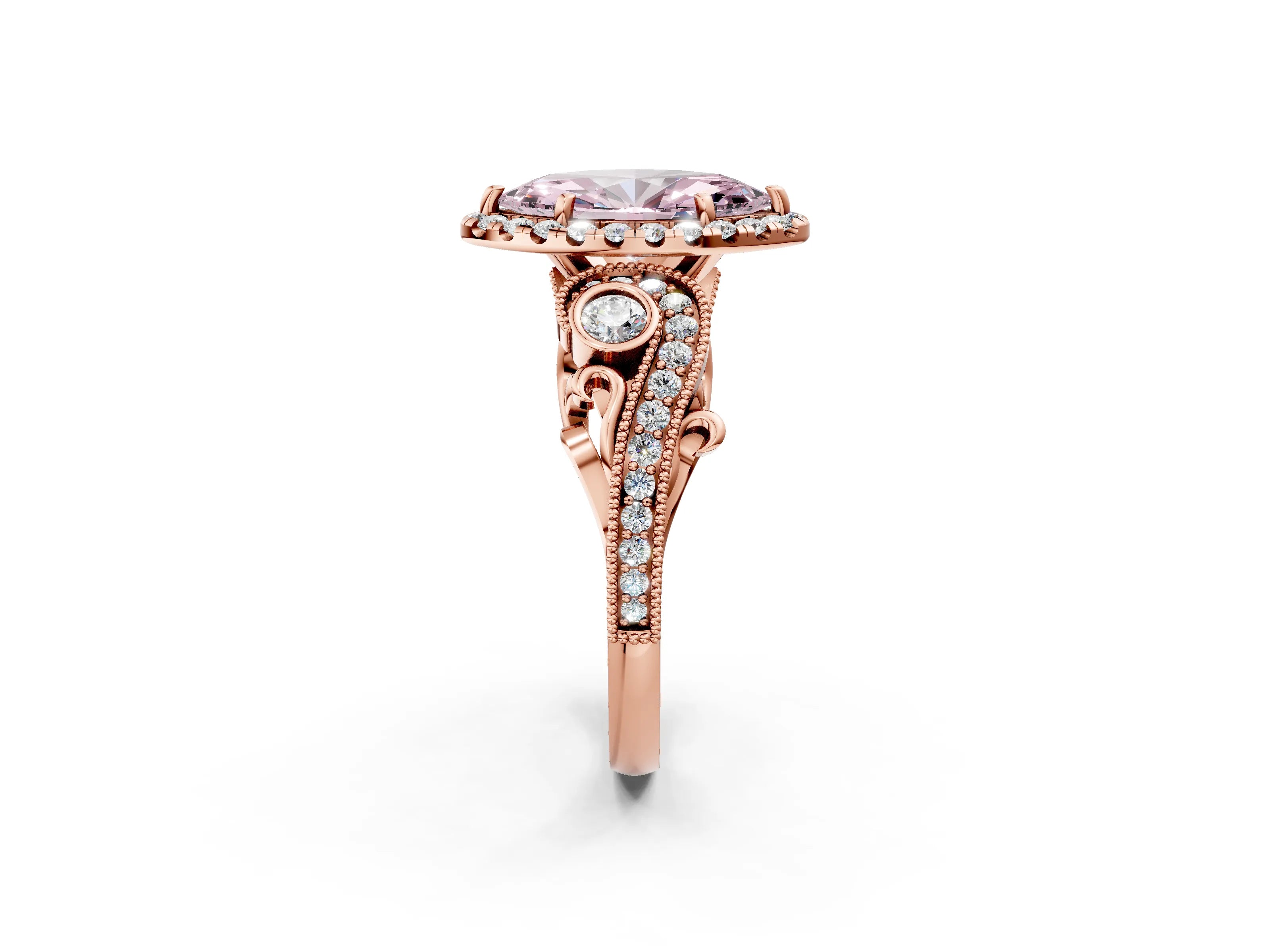 Rose gold Fancy Pink Marquise Cut Halo Diamond Ring with Milgrain and Bezel Accents on a Split Shank Band_2