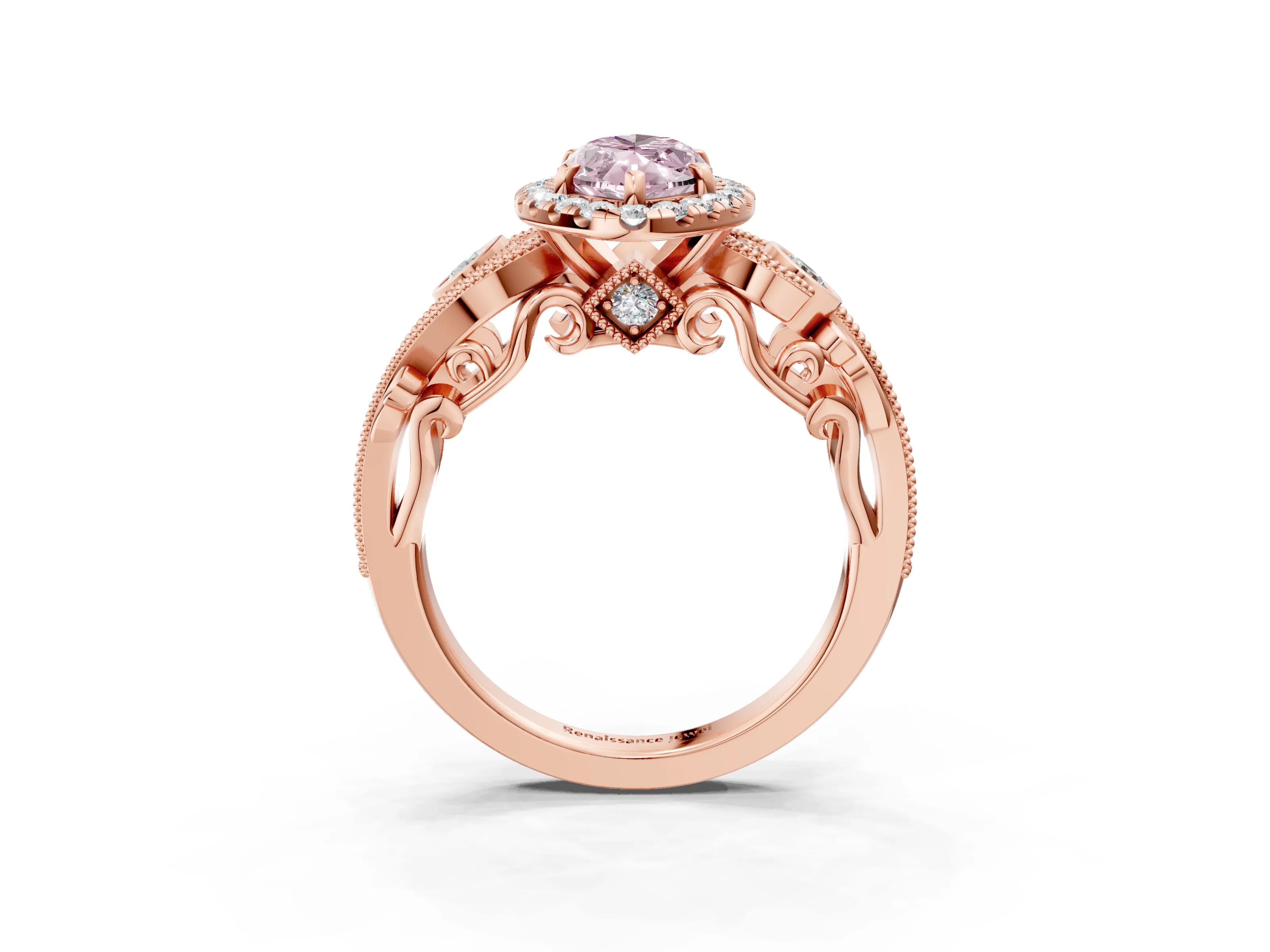 Rose gold Fancy Pink Marquise Cut Halo Diamond Ring with Milgrain and Bezel Accents on a Split Shank Band_3