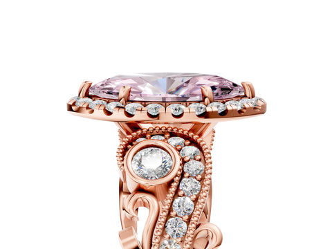 Rose gold Fancy Pink Marquise Cut Halo Diamond Ring with Milgrain and Bezel Accents on a Split Shank Band_5