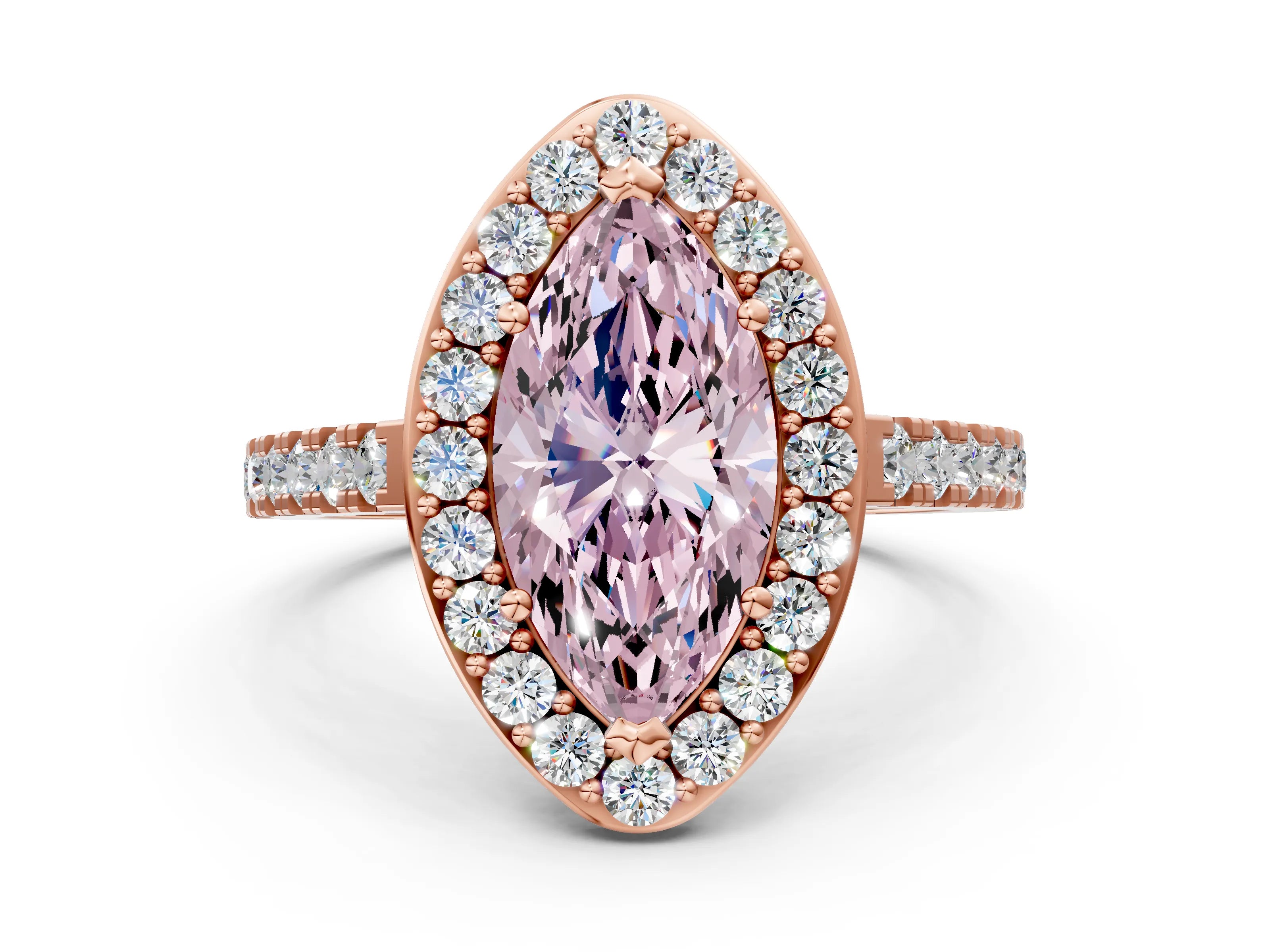 Rose gold Fancy Pink Marquise Cut Halo Diamond Ring with Pavé Band and Three-Prong Setting