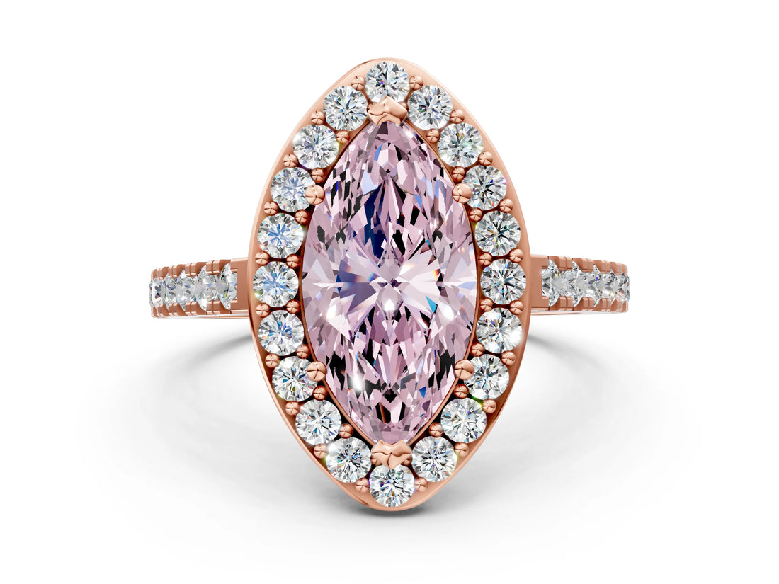 Rose gold Fancy Pink Marquise Cut Halo Diamond Ring with Pavé Band and Three-Prong Setting