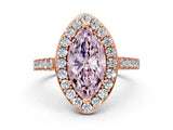 Rose gold Fancy Pink Marquise Cut Halo Diamond Ring with Pavé Band and Three-Prong Setting