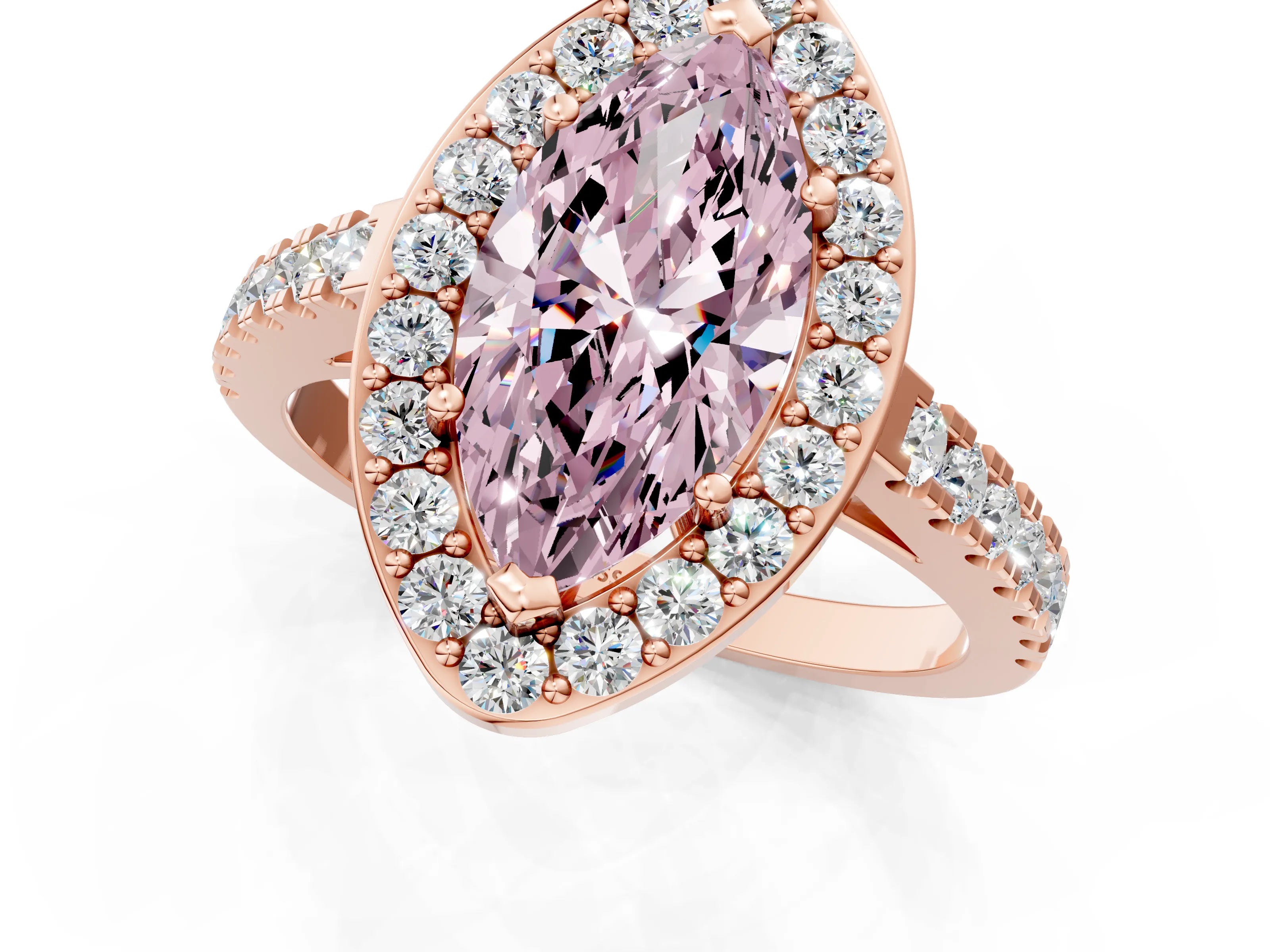Rose gold Fancy Pink Marquise Cut Halo Diamond Ring with Pavé Band and Three-Prong Setting_1