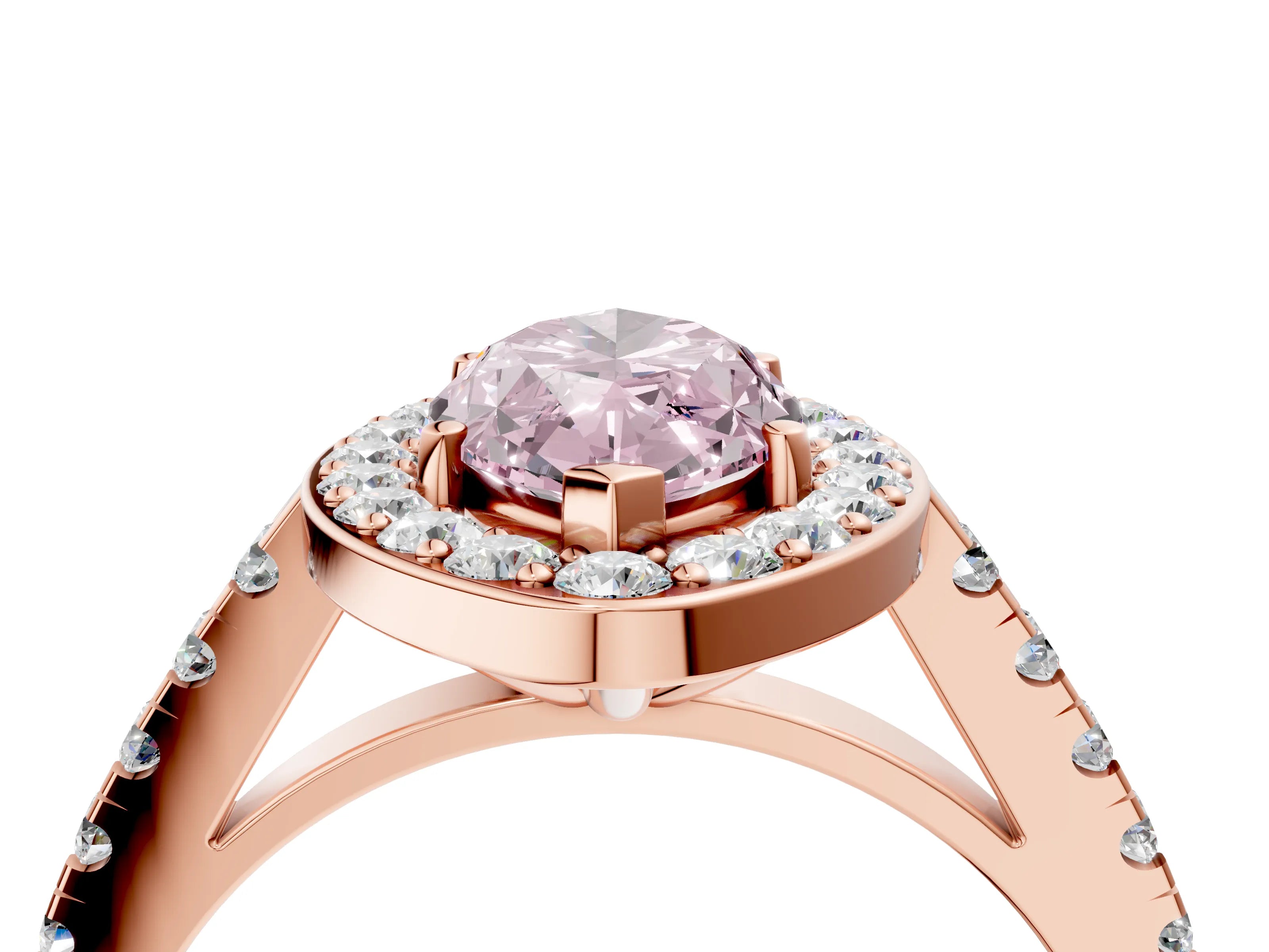 Rose gold Fancy Pink Marquise Cut Halo Diamond Ring with Pavé Band and Three-Prong Setting_4