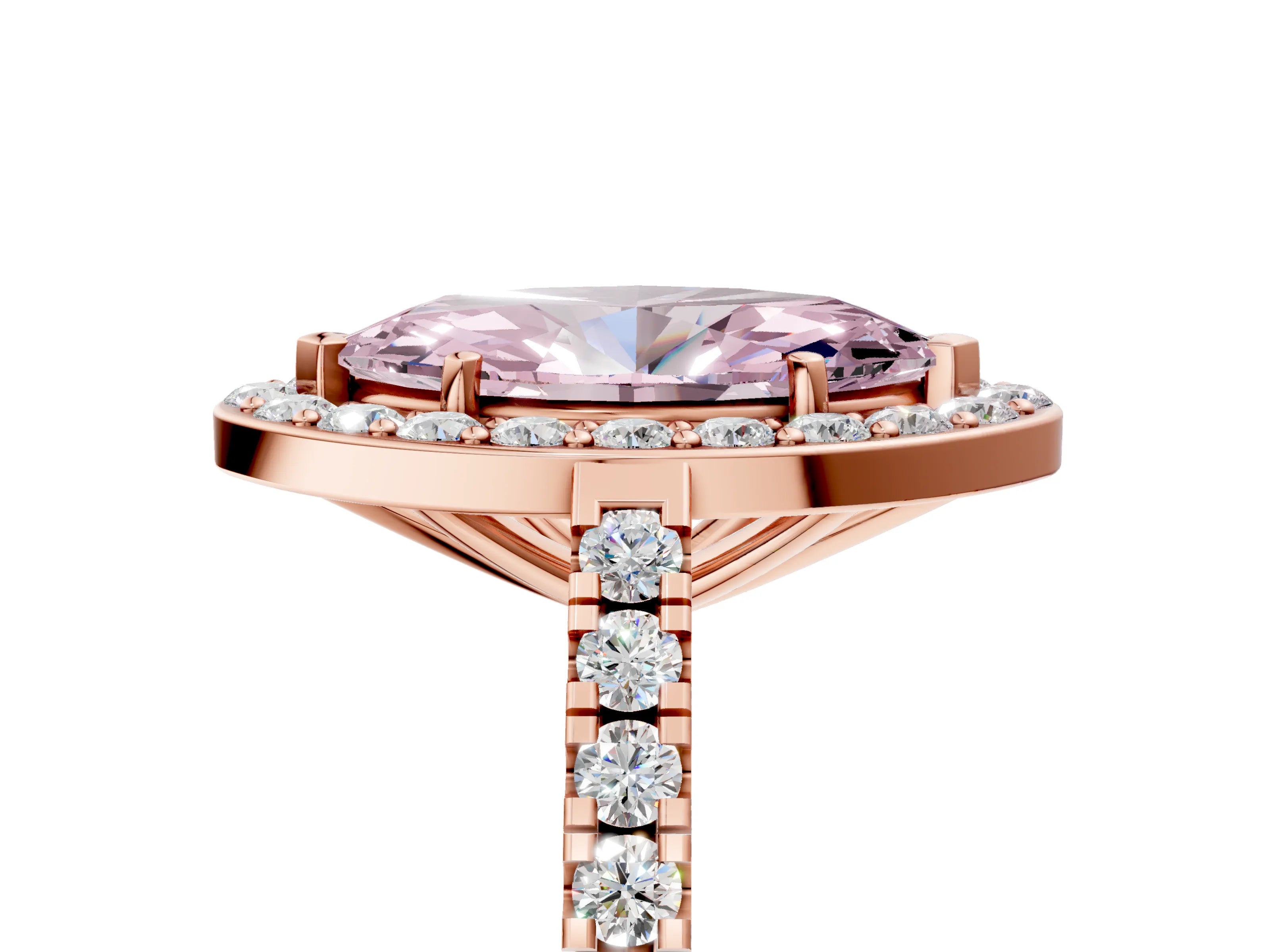 Rose gold Fancy Pink Marquise Cut Halo Diamond Ring with Pavé Band and Three-Prong Setting_5