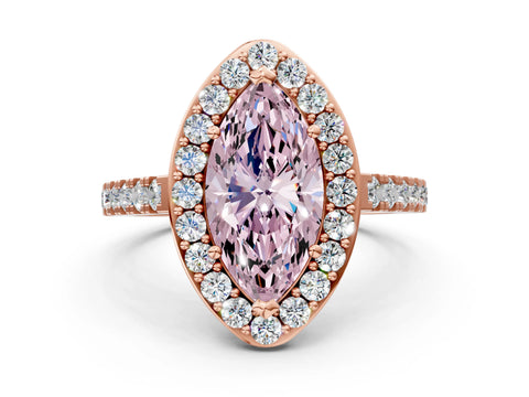 Rose gold Fancy Pink Marquise Cut Halo Diamond Ring with Pavé Band and Three-Prong Setting