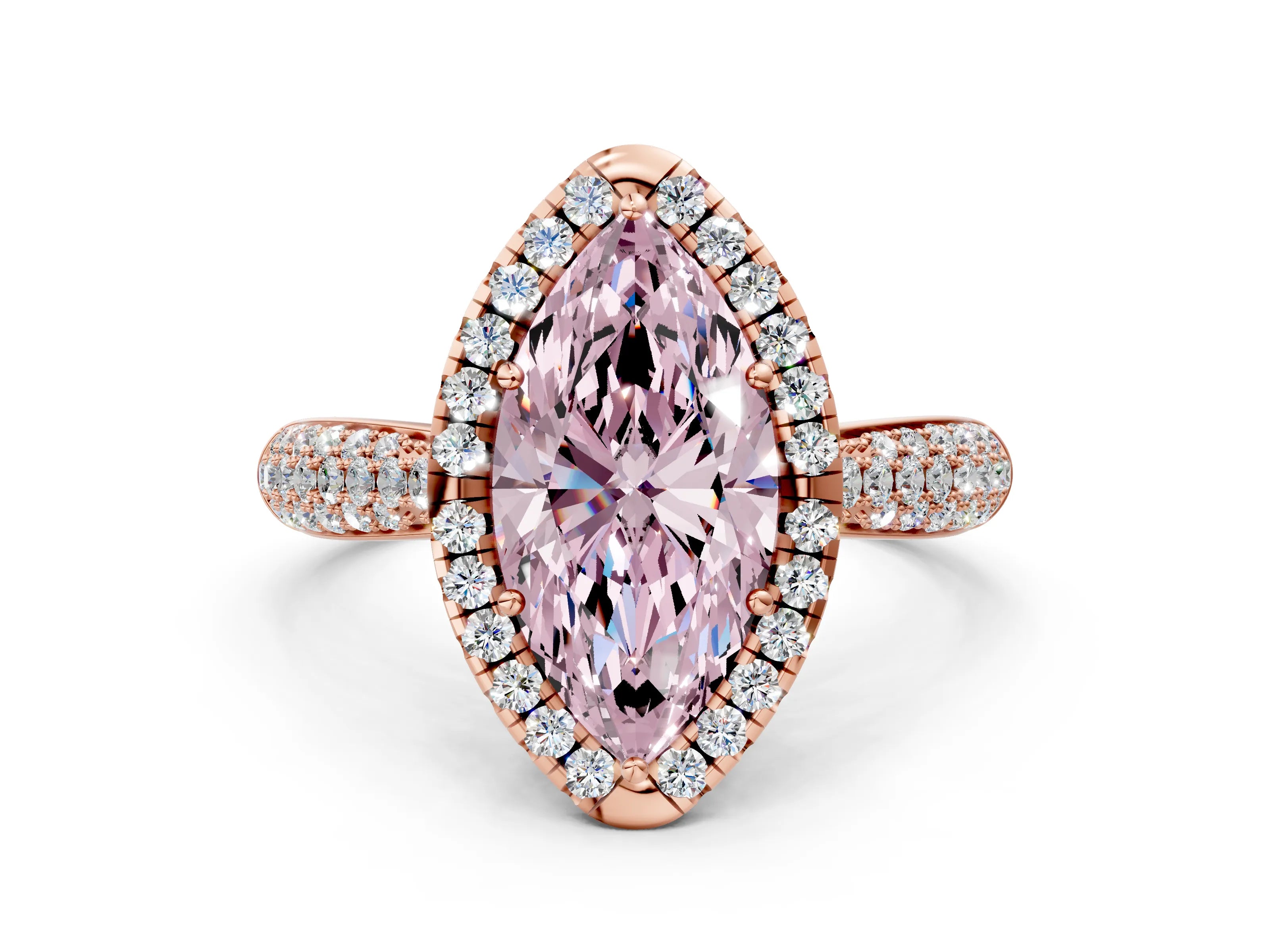 Rose gold Fancy Pink Marquise Cut Halo Diamond Ring with Pavé Band