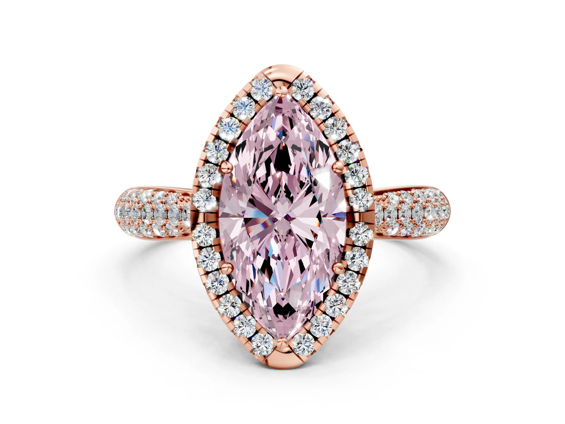 Rose gold Fancy Pink Marquise Cut Halo Diamond Ring with Pavé Band