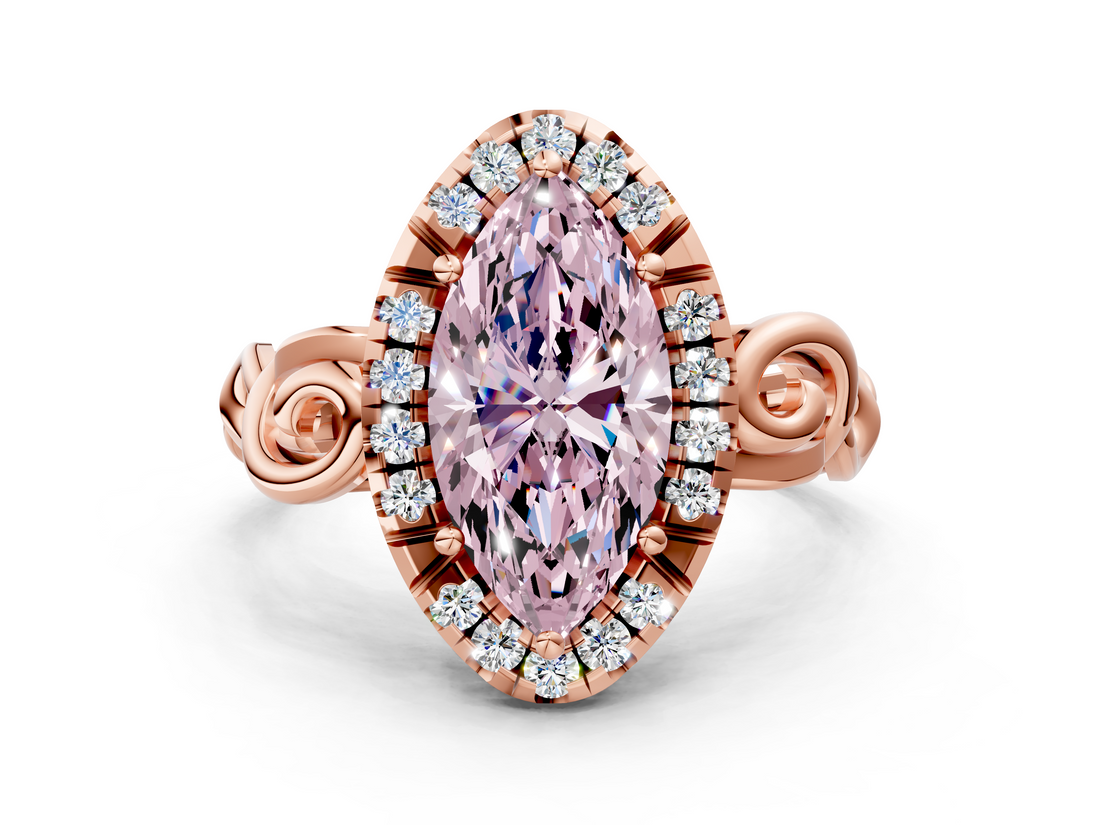 Rose gold Fancy Pink Marquise  Cut Halo Diamond Ring with Scrollwork Band and Four-Prong Setting_100