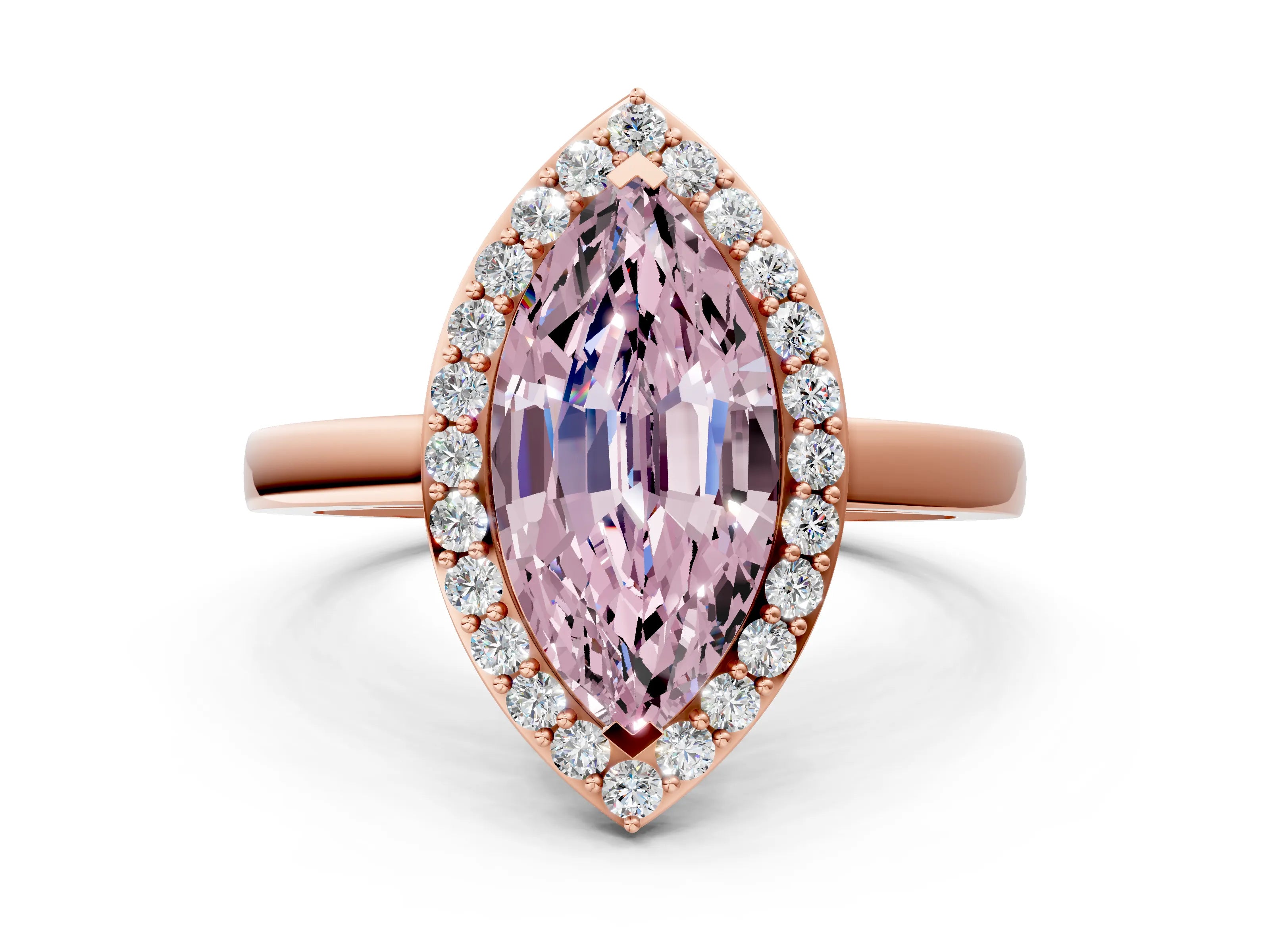 Rose gold Fancy Pink Marquise Cut Halo Diamond Ring with Solitaire Band and Prong Setting