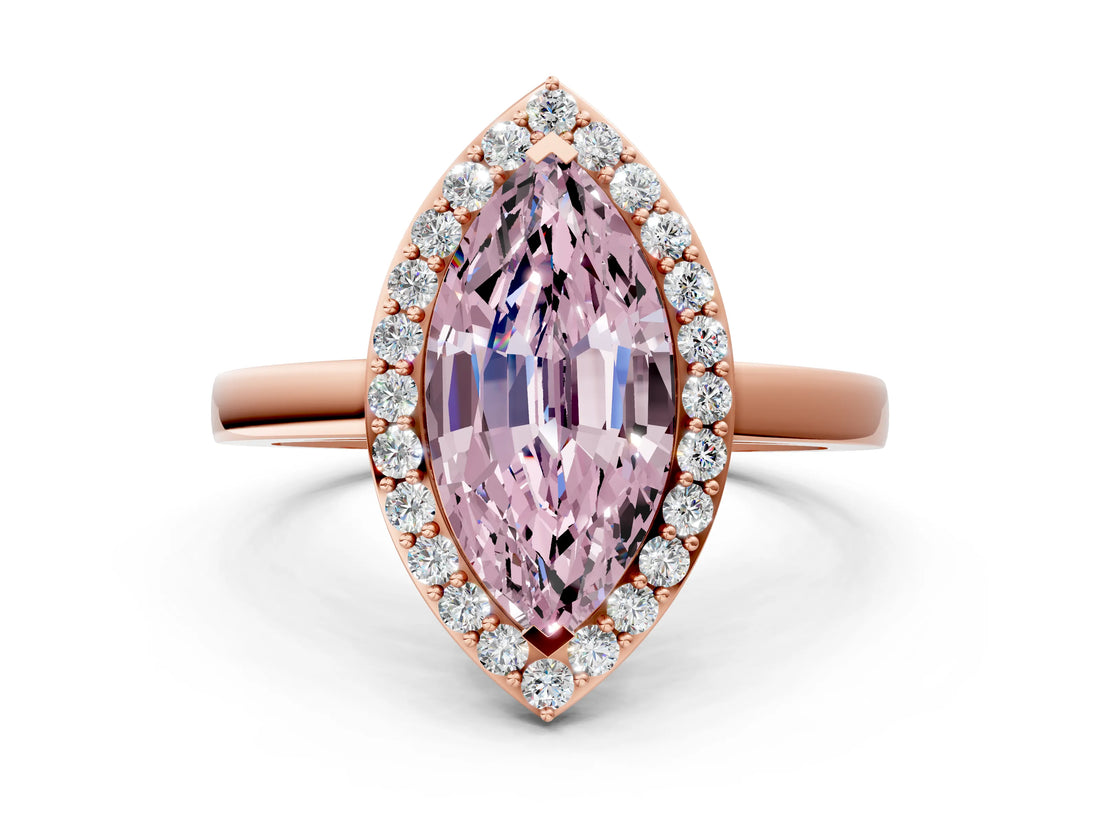 Rose gold Fancy Pink Marquise Cut Halo Diamond Ring with Solitaire Band and Prong Setting