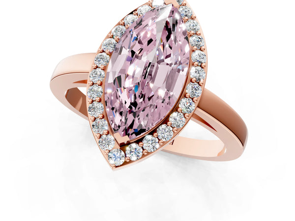 Rose gold Fancy Pink Marquise Cut Halo Diamond Ring with Solitaire Band and Prong Setting
