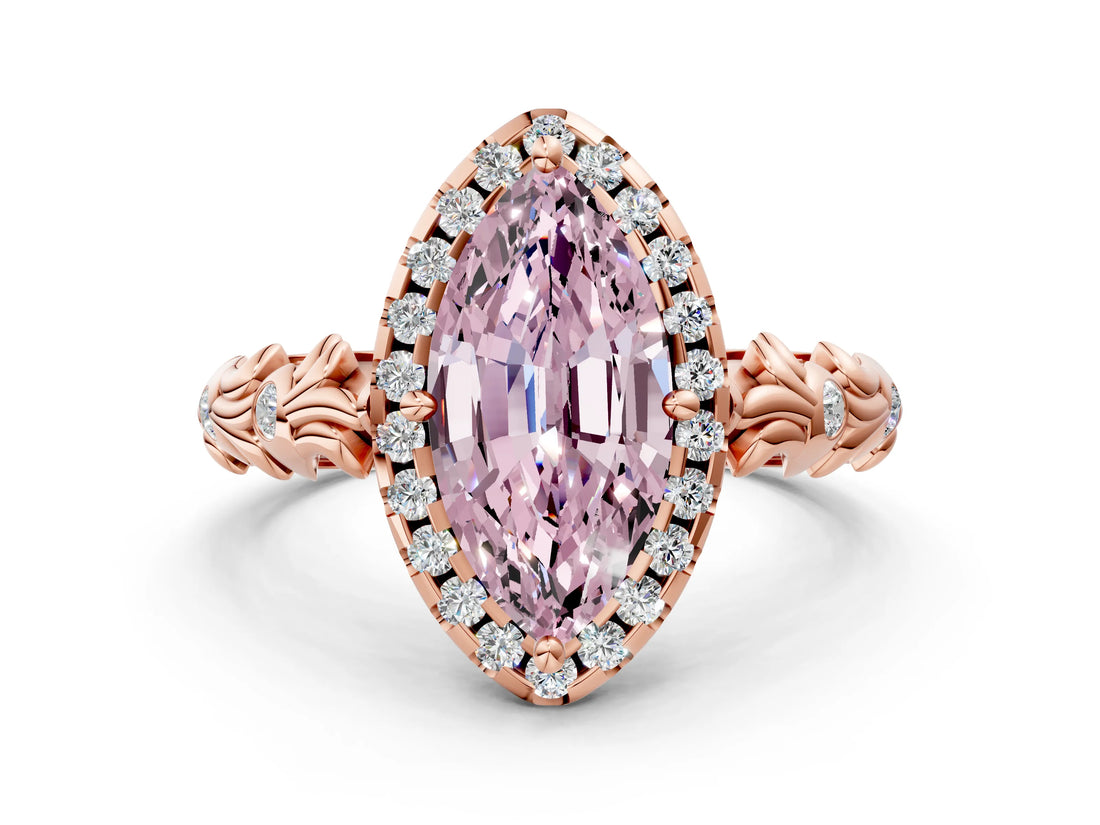 Rose gold Fancy Pink Marquise Cut Halo Diamond Solitaire with Filigree Band and Four-Prong Setting