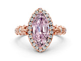 Rose gold Fancy Pink Marquise Cut Halo Diamond Solitaire with Filigree Band and Four-Prong Setting