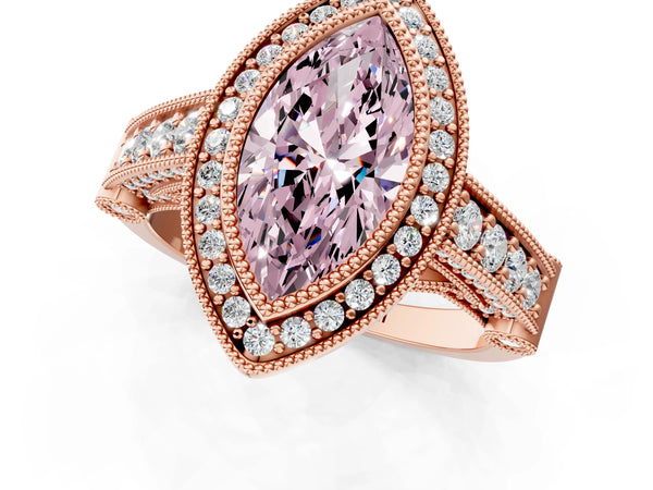 Rose Gold Marquise Vintage Bezel Halo Engagement Ring Setting for Fancy Pink Center
