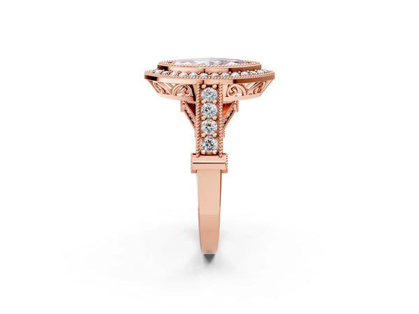 Rose Gold Marquise Vintage Bezel Halo Engagement Ring Setting for Fancy Pink Center