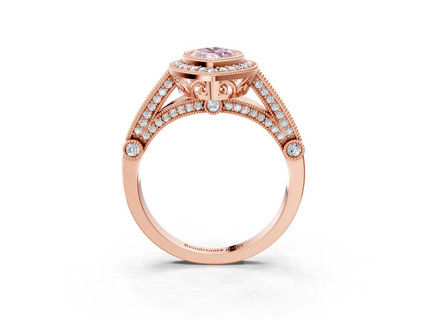 Rose Gold Marquise Vintage Bezel Halo Engagement Ring Setting for Fancy Pink Center