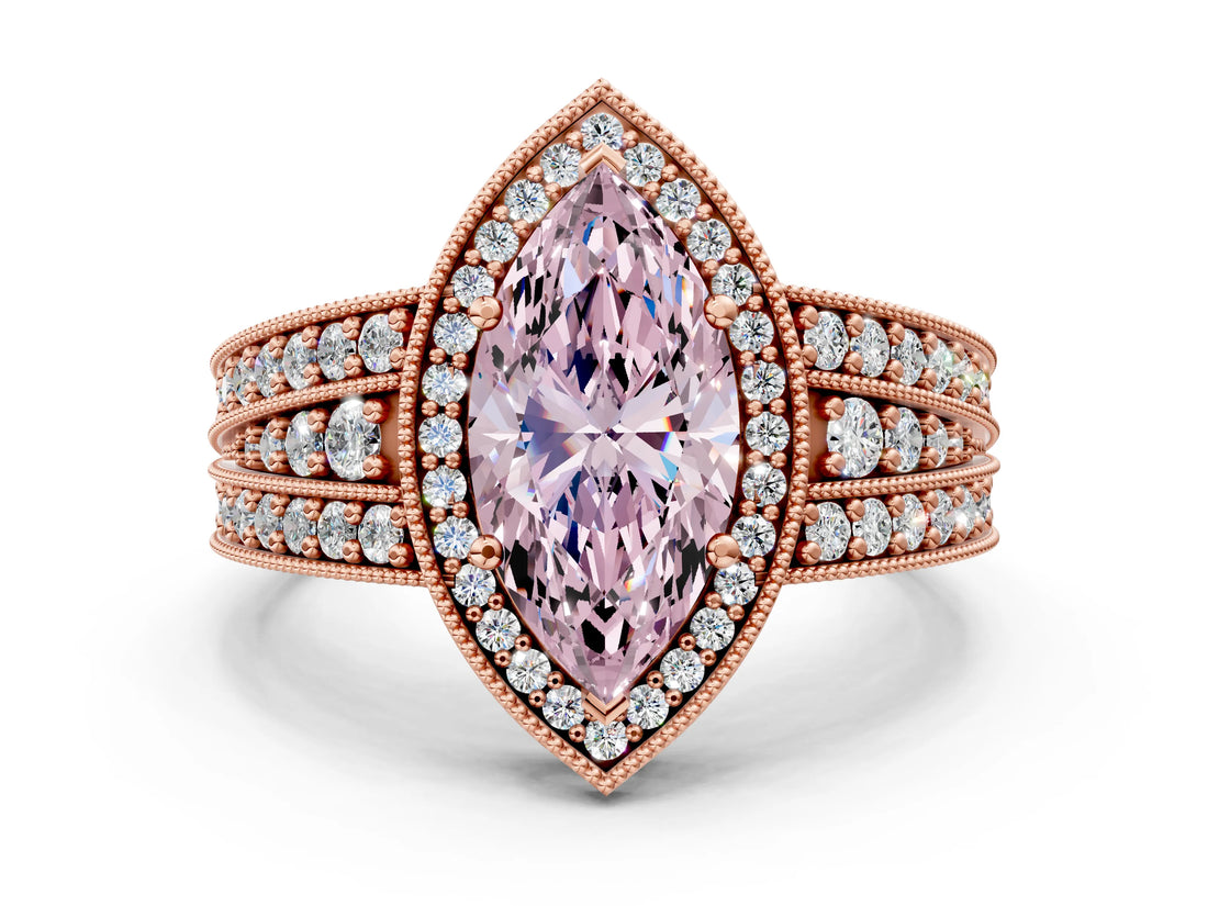 Rose gold Fancy Pink Marquise Cut Halo Diamond Split Shank Ring with Prong Setting