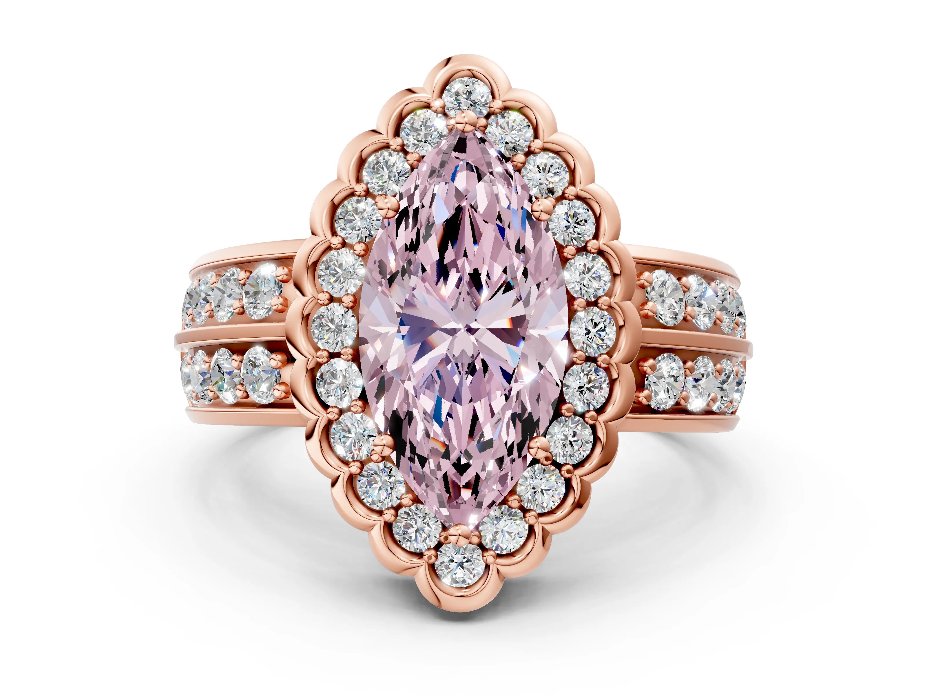 Rose gold Fancy Pink Marquise Cut Halo Diamond Split Shank Ring with Scalloped Prong Setting