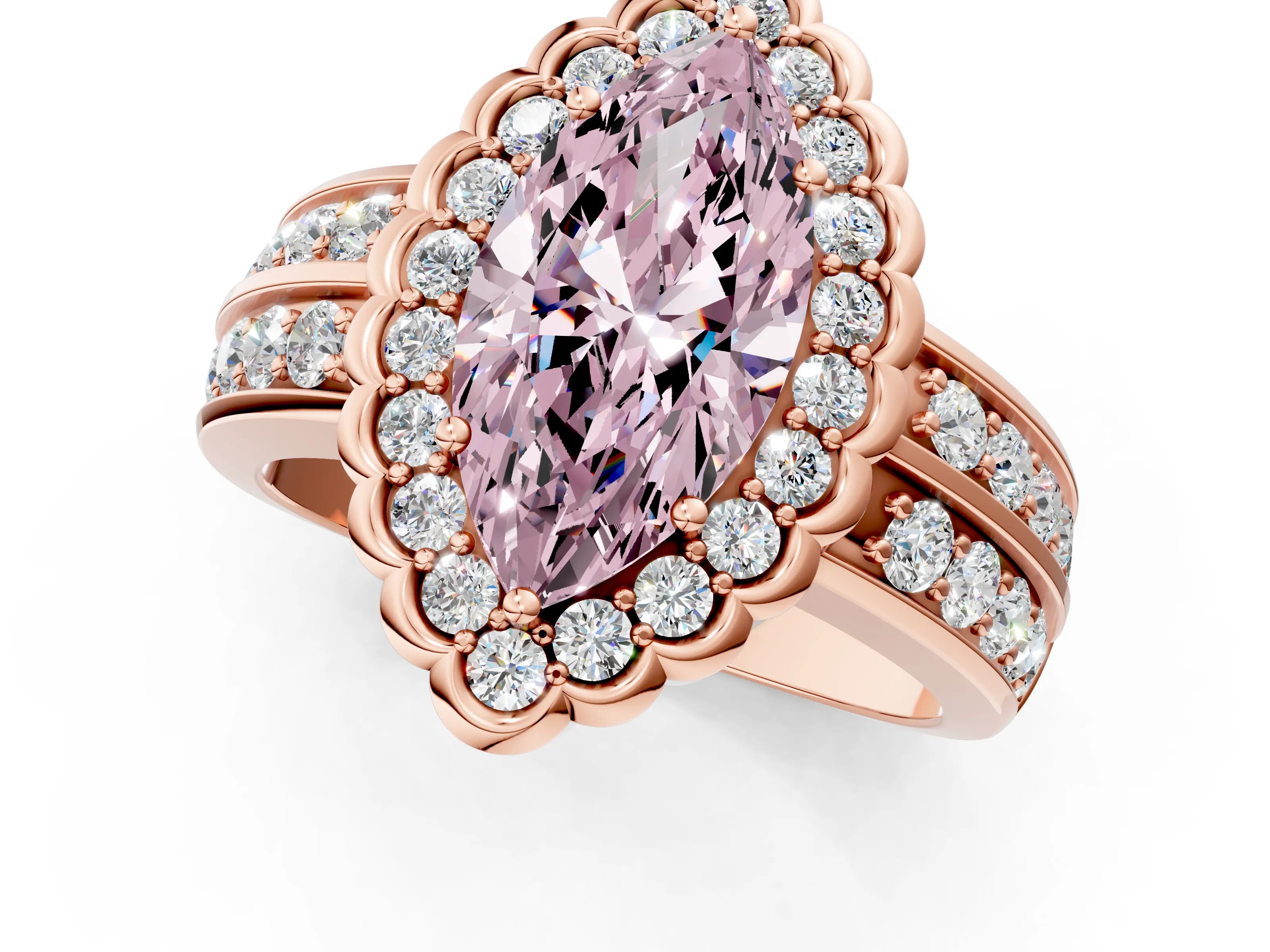 Rose gold Fancy Pink Marquise Cut Halo Diamond Split Shank Ring with Scalloped Prong Setting_1