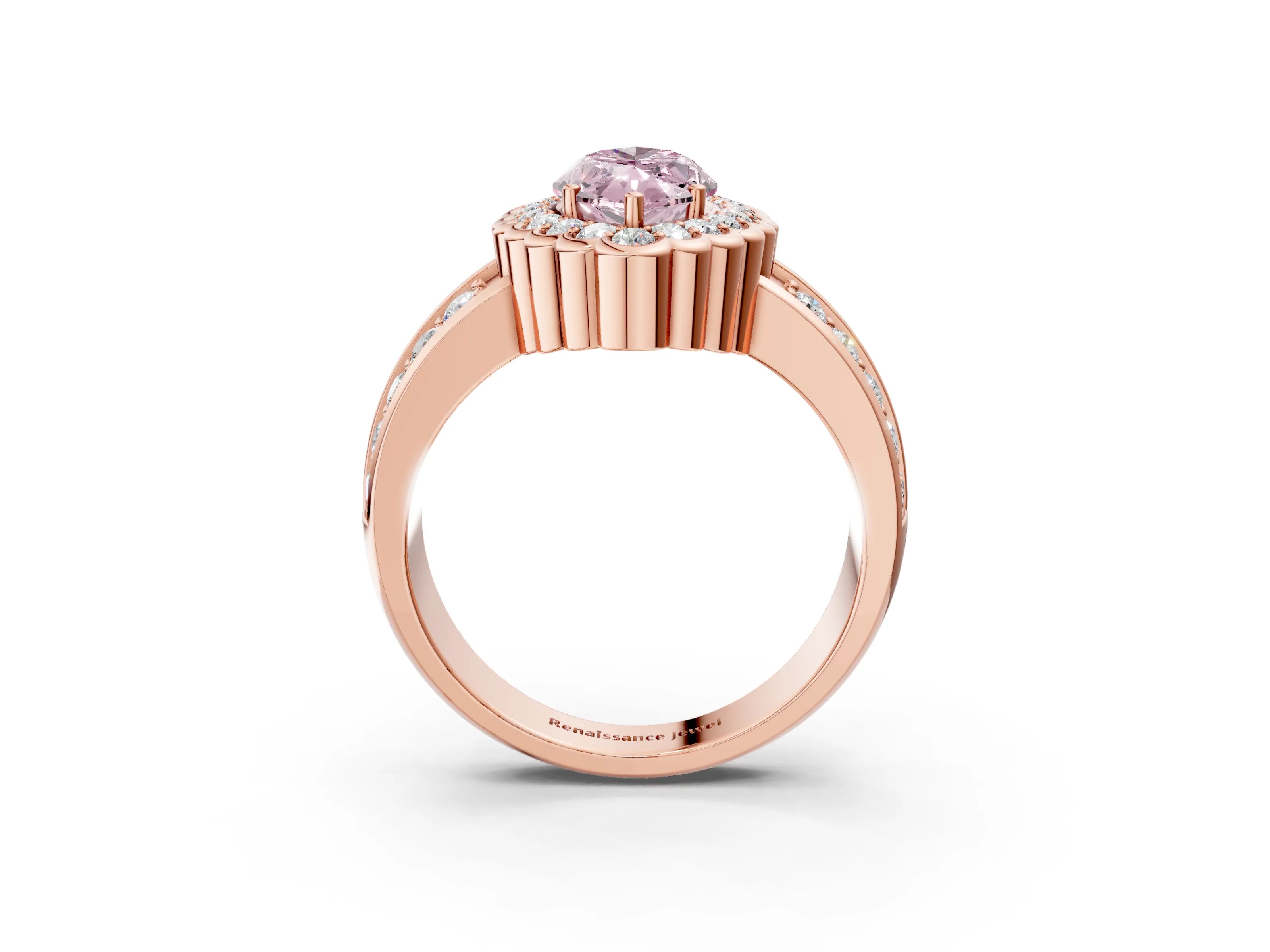 Rose gold Fancy Pink Marquise Cut Halo Diamond Split Shank Ring with Scalloped Prong Setting_3