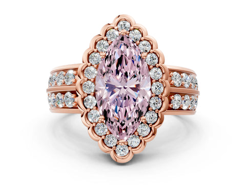 Rose gold Fancy Pink Marquise Cut Halo Diamond Split Shank Ring with Scalloped Prong Setting