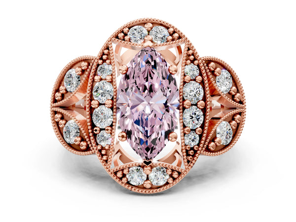 Rose gold Fancy Pink Marquise Cut Halo Milgrain Diamond Engagement Ring with Leaf Band and Four-Prong Setting