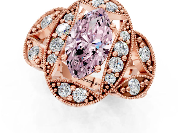 Rose gold Fancy Pink Marquise Cut Halo Milgrain Diamond Engagement Ring with Leaf Band and Four-Prong Setting