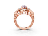 Rose gold Fancy Pink Marquise Cut Halo Milgrain Diamond Engagement Ring with Leaf Band and Four-Prong Setting_3