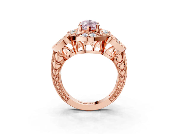 Rose gold Fancy Pink Marquise Cut Halo Milgrain Diamond Engagement Ring with Leaf Band and Four-Prong Setting