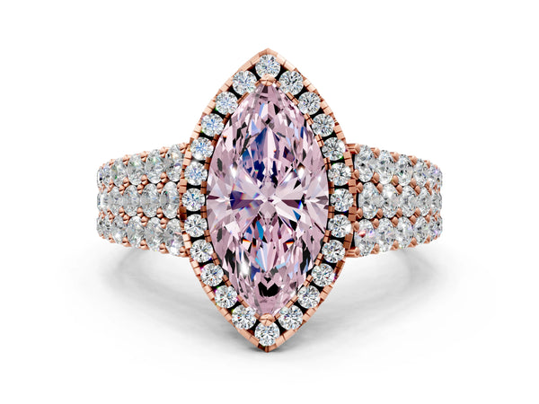 Rose gold Fancy Pink Marquise Cut Halo Pavé Diamond Engagement Ring with Split Shank and Four-Prong Setting
