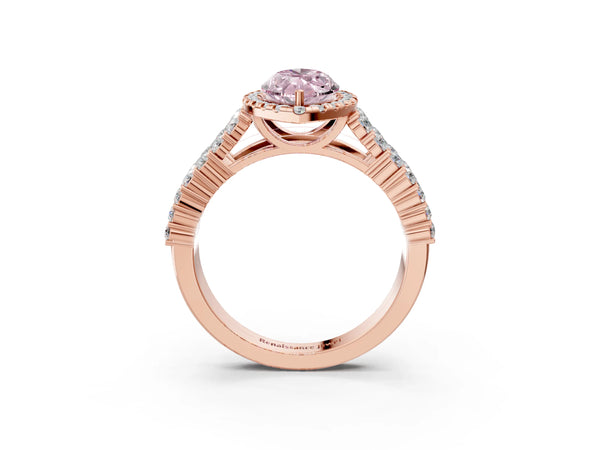 Rose gold Fancy Pink Marquise Cut Halo Pavé Diamond Engagement Ring with Split Shank and Four-Prong Setting