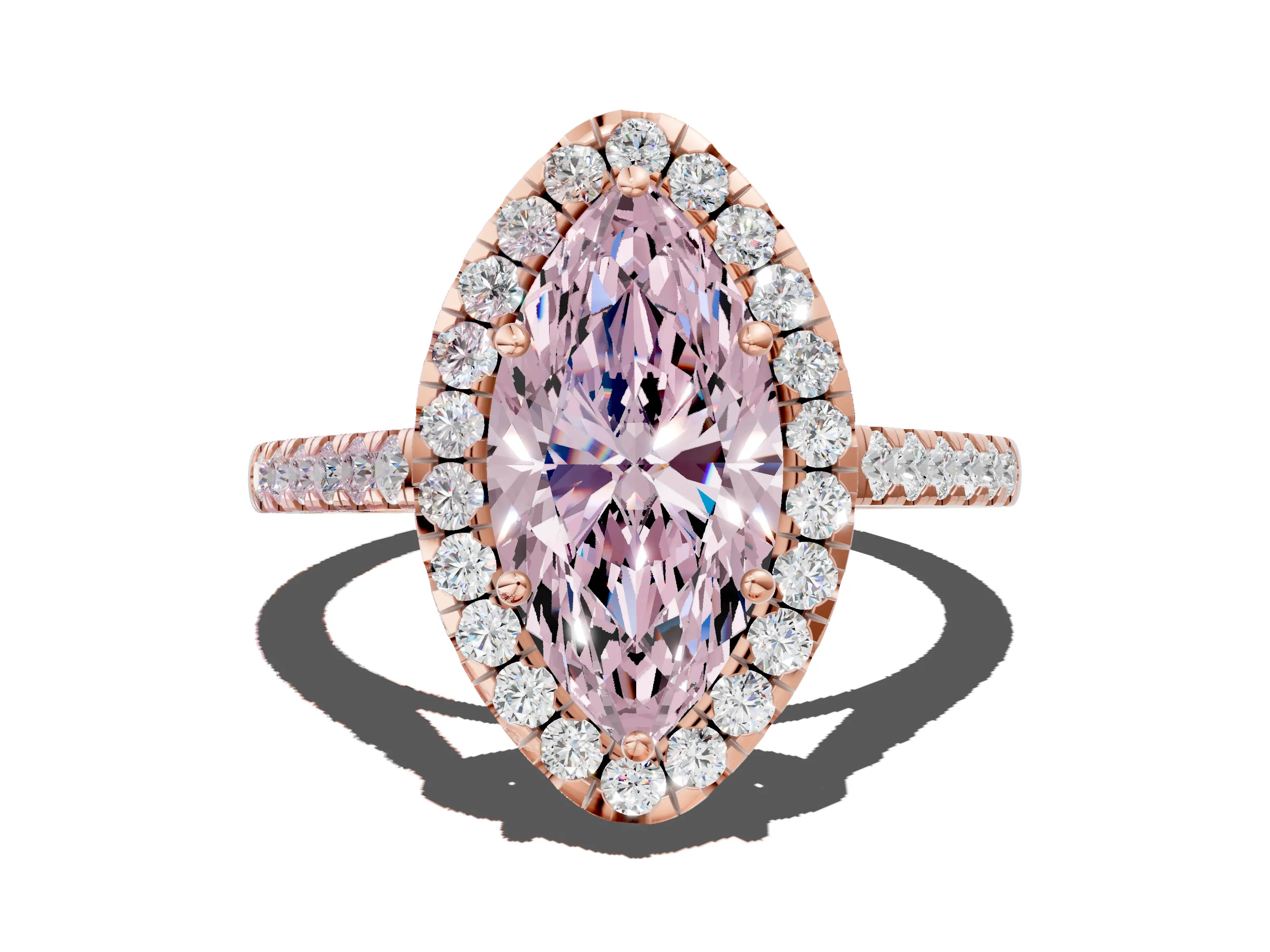 Rose gold Fancy Pink Marquise Cut Halo Pave Diamond Engagement Ring with Four-Prong Setting