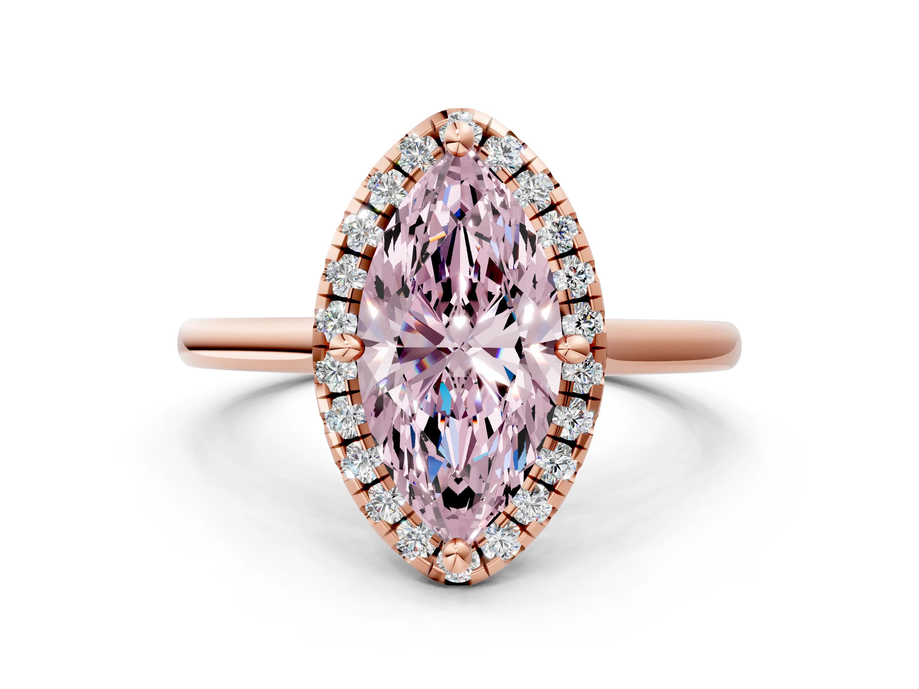 Rose gold Fancy Pink Marquise Cut Halo Round Diamond Solitaire Engagement Ring with Pave Band and Four-Prong Setting_12
