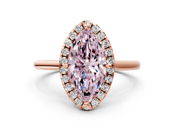 Rose gold Fancy Pink Marquise Cut Halo Round Diamond Solitaire Engagement Ring with Pave Band and Four-Prong Setting