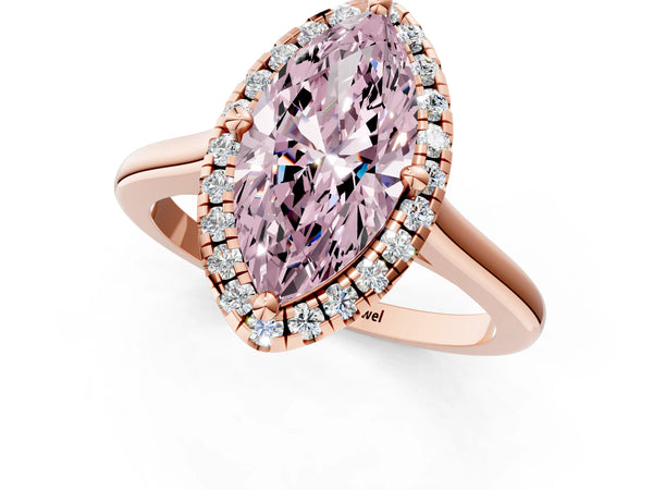 Rose gold Fancy Pink Marquise Cut Halo Round Diamond Solitaire Engagement Ring with Pave Band and Four-Prong Setting