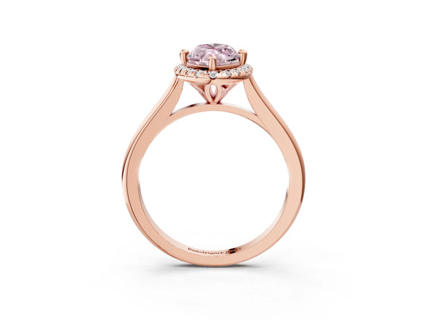 Rose gold Fancy Pink Marquise Cut Halo Round Diamond Solitaire Engagement Ring with Pave Band and Four-Prong Setting