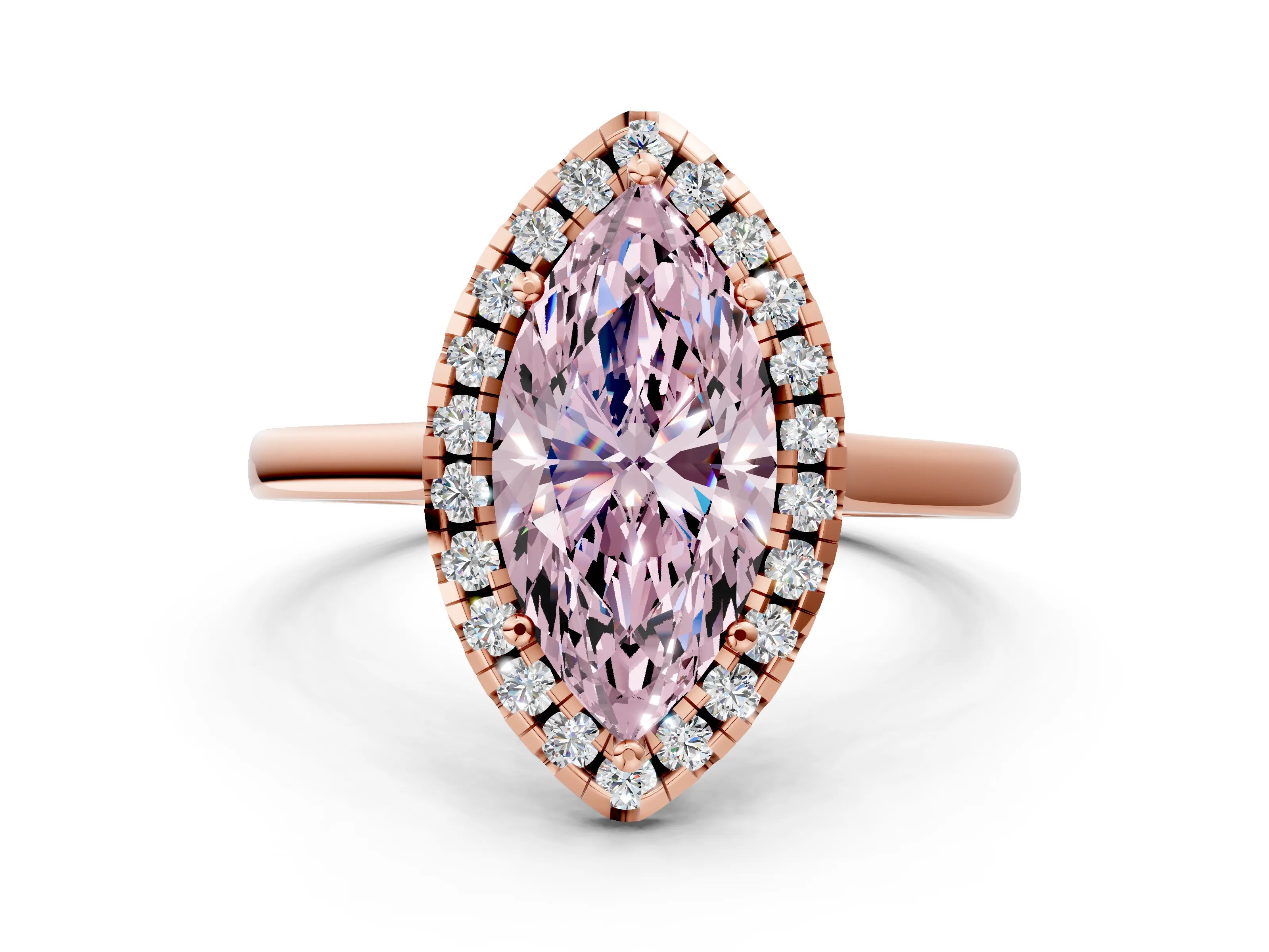 Rose gold Fancy Pink Marquise Cut Halo Round Diamond Solitaire Ring with Pavé Band and Four-Prong Setting