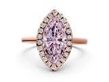 Rose gold Fancy Pink Marquise Cut Halo Round Diamond Solitaire Ring with Pavé Band and Four-Prong Setting