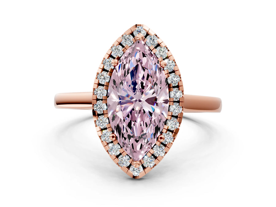 Rose gold Fancy Pink Marquise Cut Halo Round Diamond Solitaire Ring with Pavé Band and Four-Prong Setting