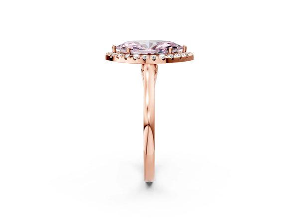 Rose gold Fancy Pink Marquise Cut Halo Round Diamond Solitaire Ring with Pavé Band and Four-Prong Setting