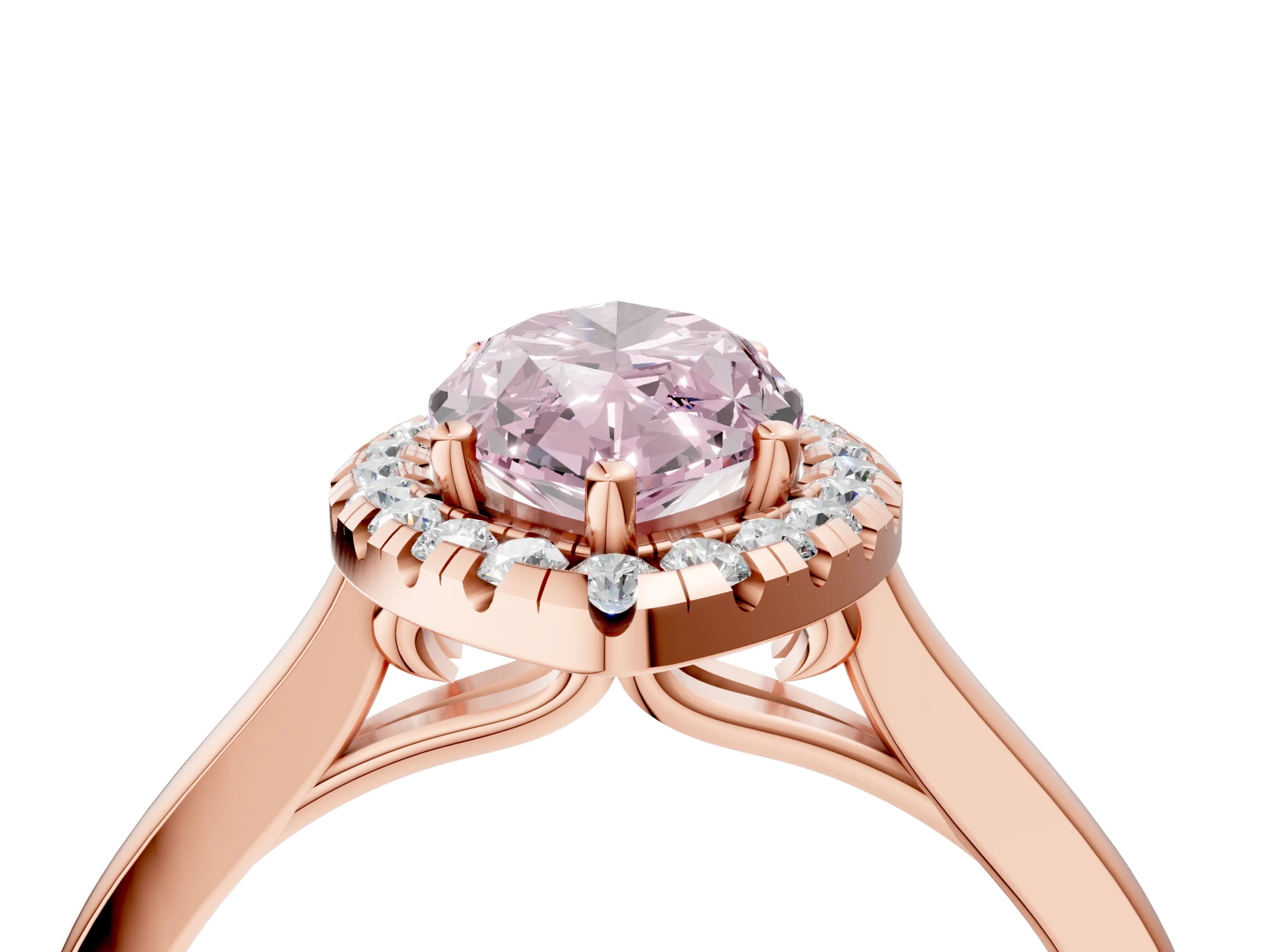 Rose gold Fancy Pink Marquise Cut Halo Round Diamond Solitaire Ring with Pavé Band and Four-Prong Setting_4