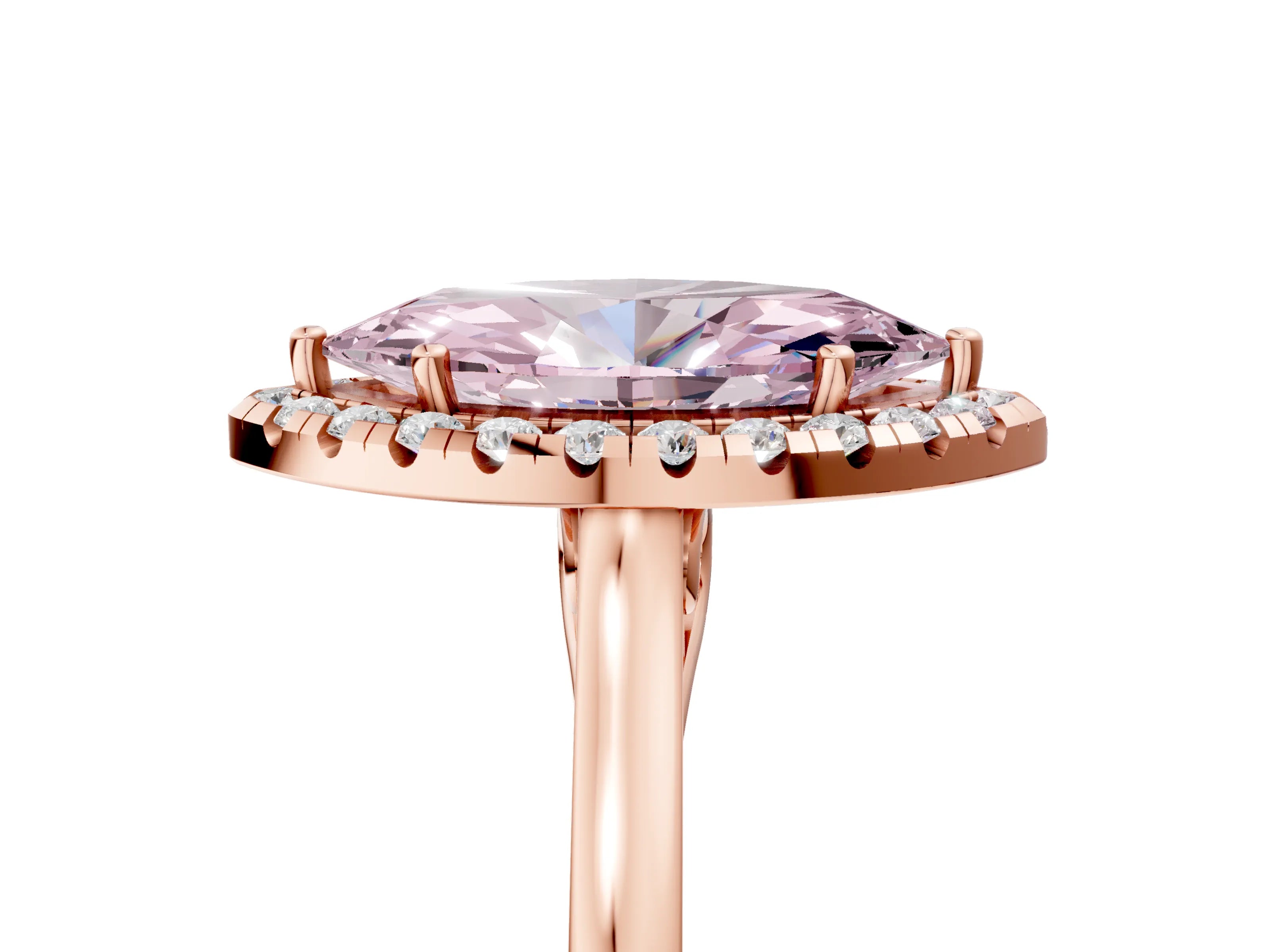 Rose gold Fancy Pink Marquise Cut Halo Round Diamond Solitaire Ring with Pavé Band and Four-Prong Setting_5
